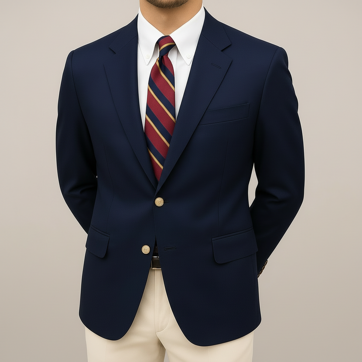 Men's navy blue tailored fit spring blazer jacket for smart casual wear.