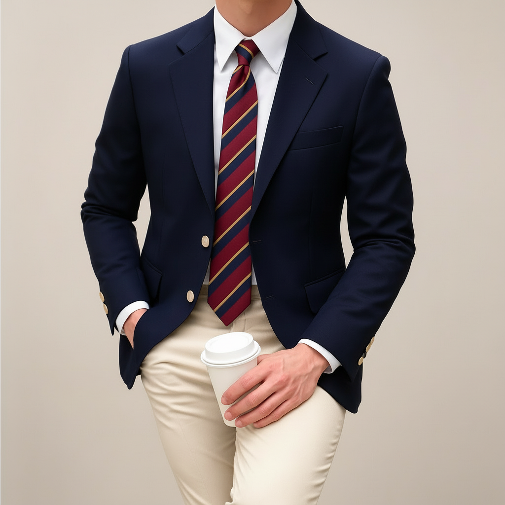 Stylish men's spring outerwear: a versatile navy blue tailored fit blazer.