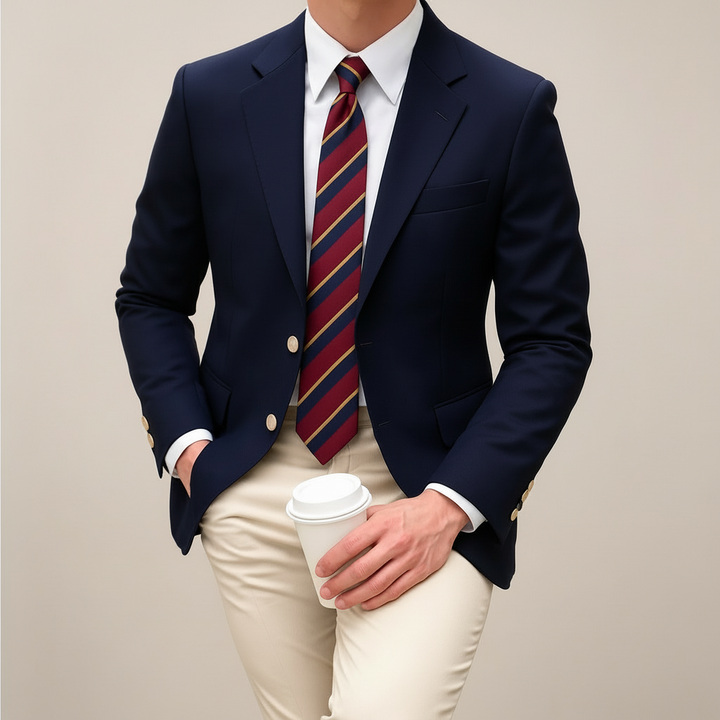 Stylish men's spring outerwear: a versatile navy blue tailored fit blazer.