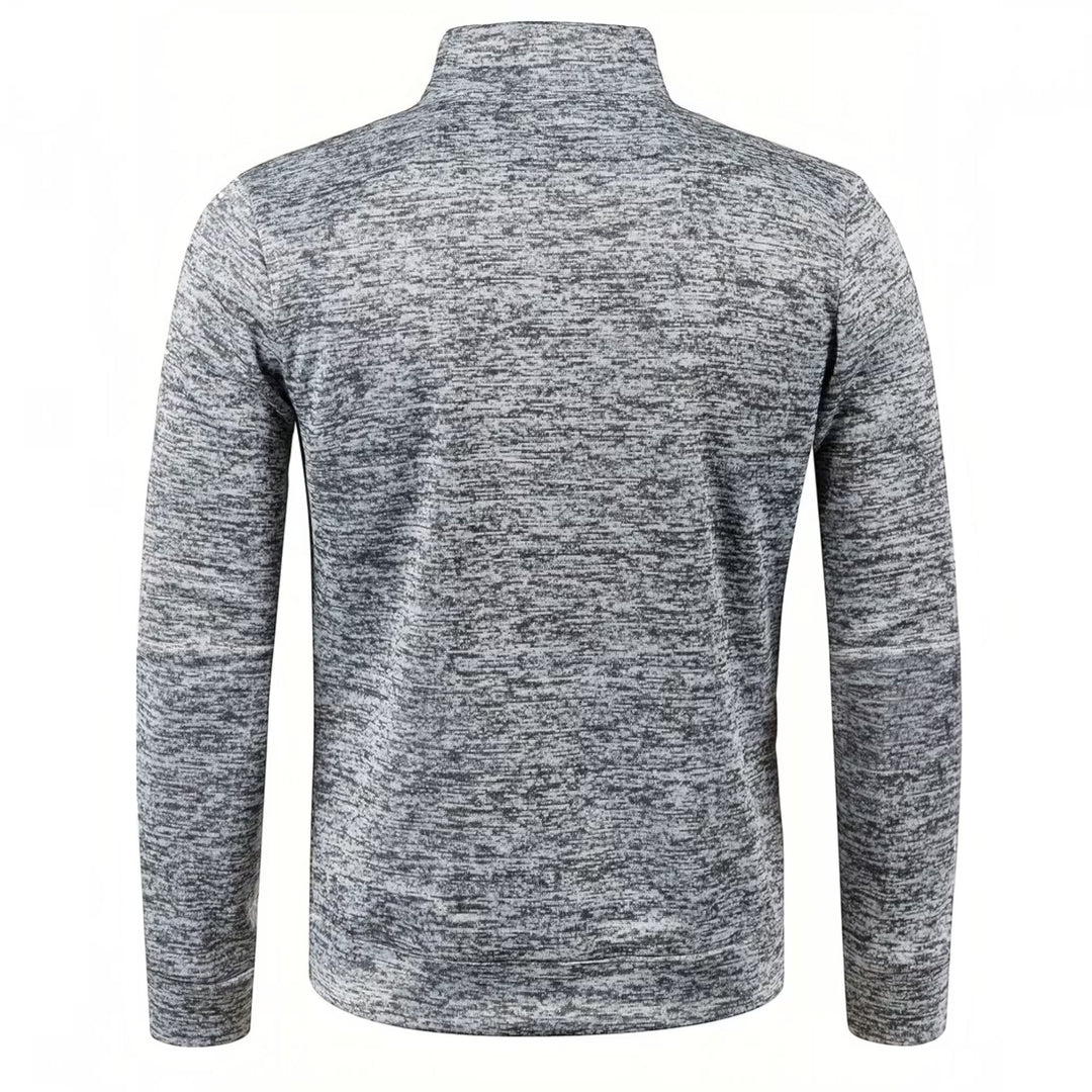 Grey men's knit sweater, high neck and long sleeve, great for everyday wear.