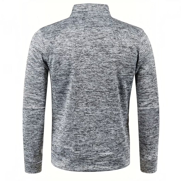 Grey men's knit sweater, high neck and long sleeve, great for everyday wear.