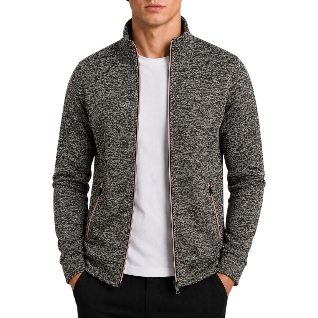Grey men's knit high neck sweater, warm and stylish for casual outings.
