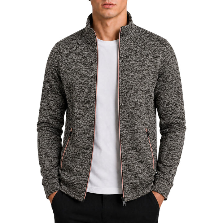 Grey men's knit high neck sweater, warm and stylish for casual outings.