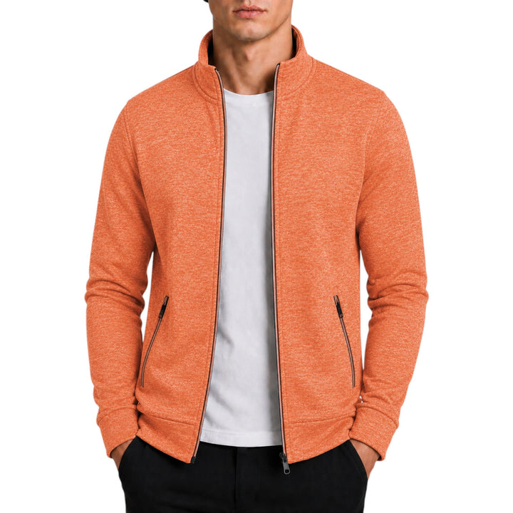 Cozy grey men's high neck sweater, knit texture, perfect for cold weather comfort.