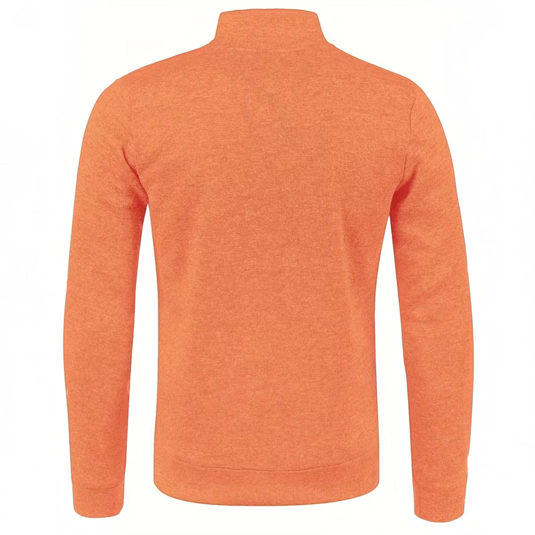 Burgundy high neck men's knit pullover, long sleeve, suitable for various styles.