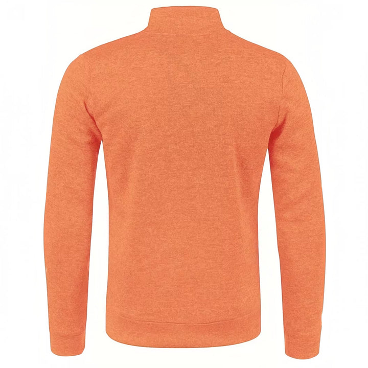 Burgundy high neck men's knit pullover, long sleeve, suitable for various styles.