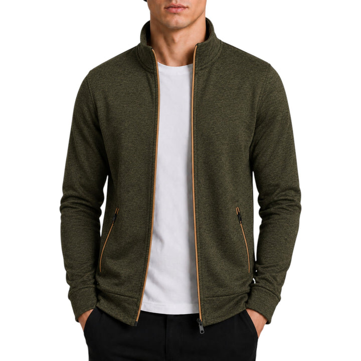 Grey men's high neck knit sweater, long sleeve, offering warmth and style.