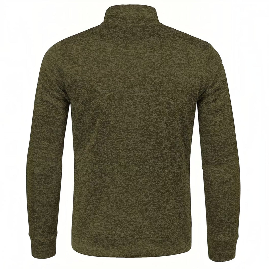 Men's navy knit sweater, high neck, long sleeve, perfect for elegant casual style.