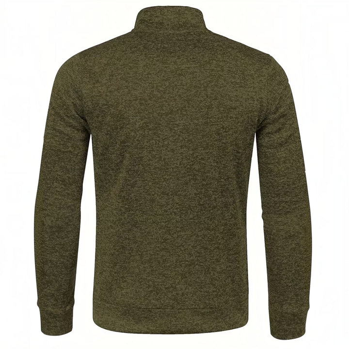 Men's navy knit sweater, high neck, long sleeve, perfect for elegant casual style.