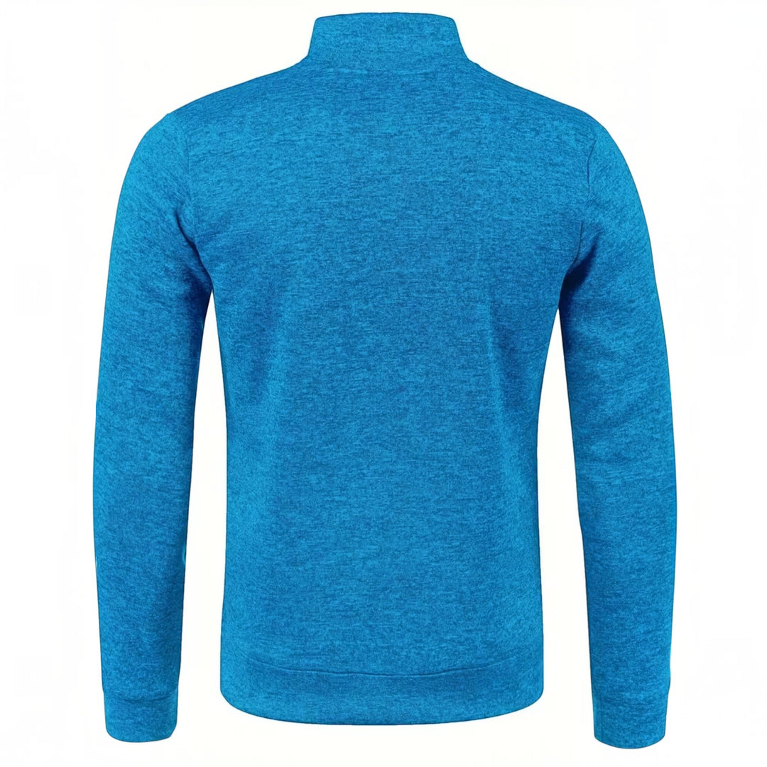 Men's navy high neck knit sweater, ideal for layering and smart casual outfits.