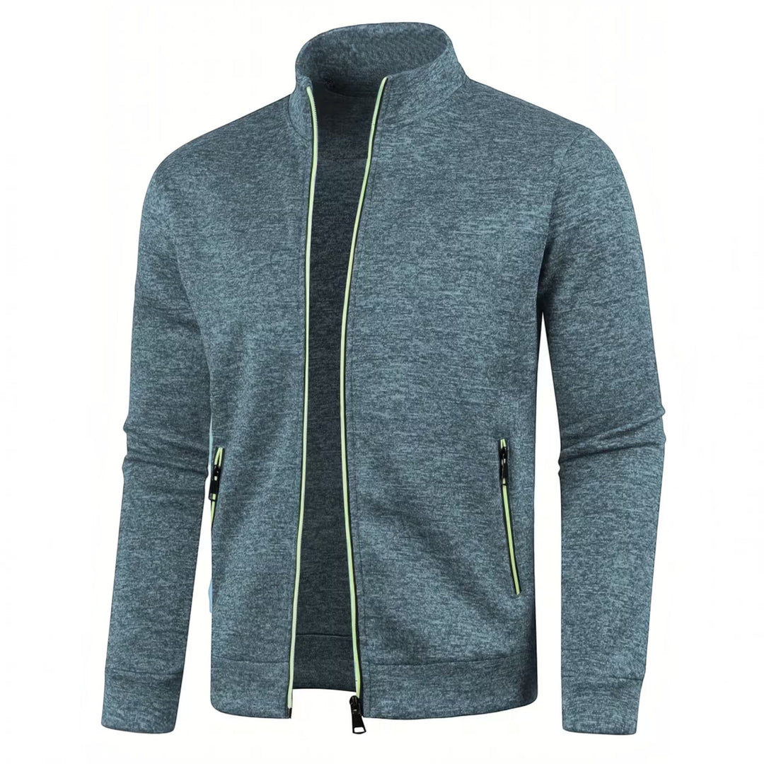 Burgundy high neck men's knit pullover, elegant style for cooler temperatures.