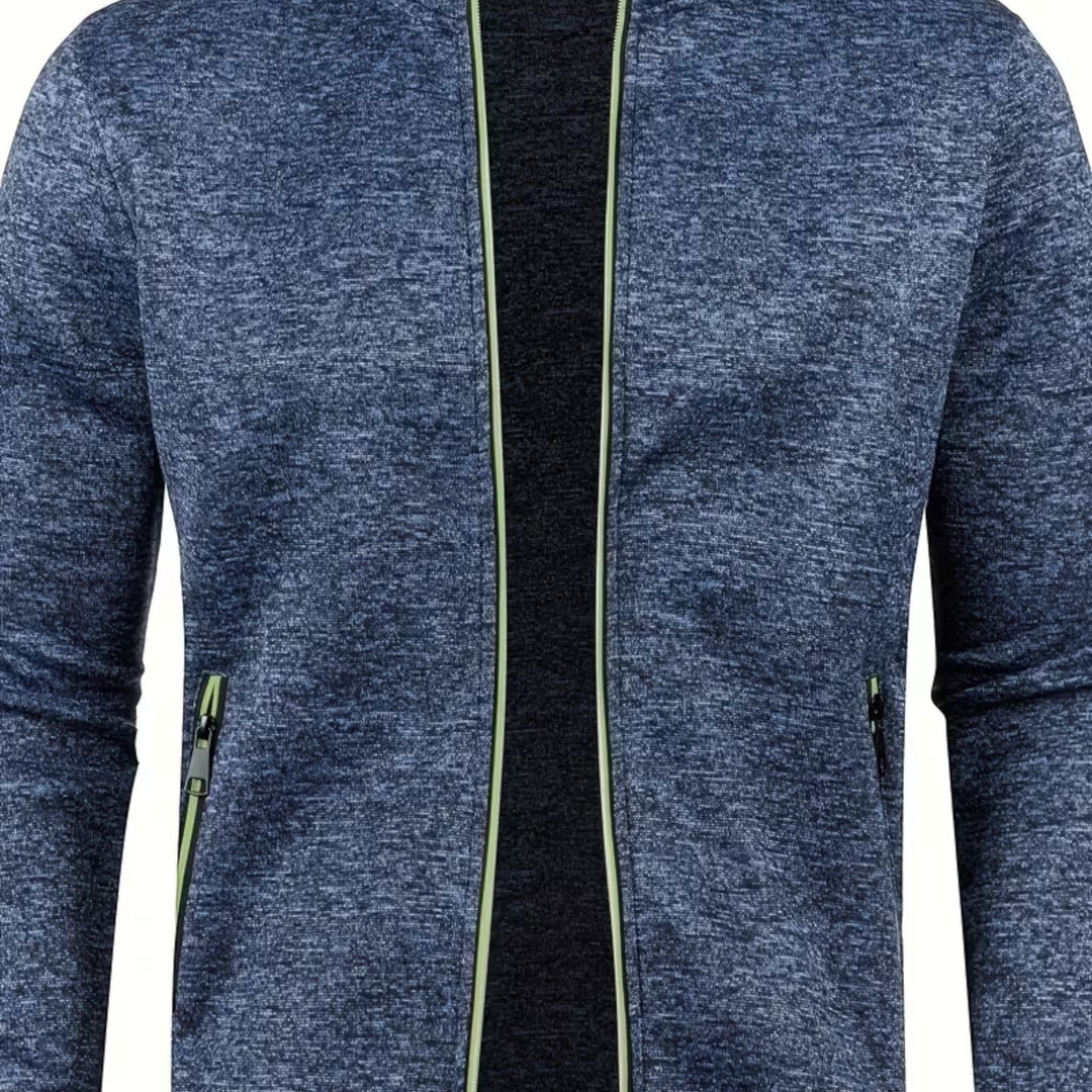 Navy long sleeve high neck knit sweater, a comfortable and elegant men's pullover.