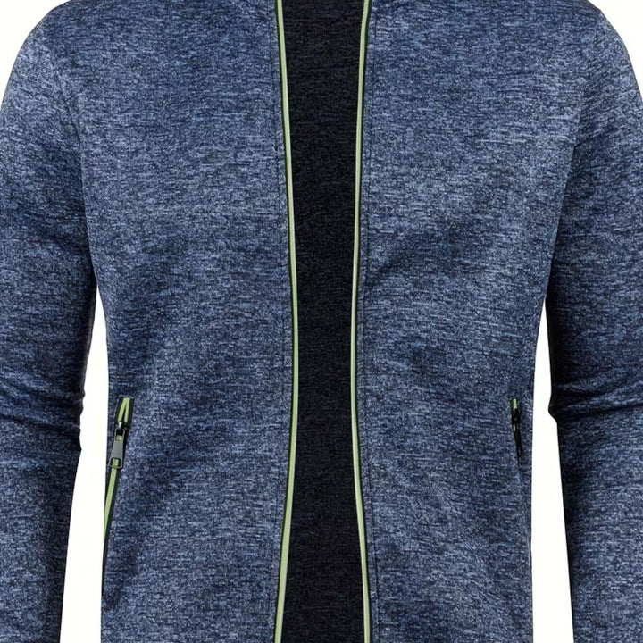 Navy long sleeve high neck knit sweater, a comfortable and elegant men's pullover.