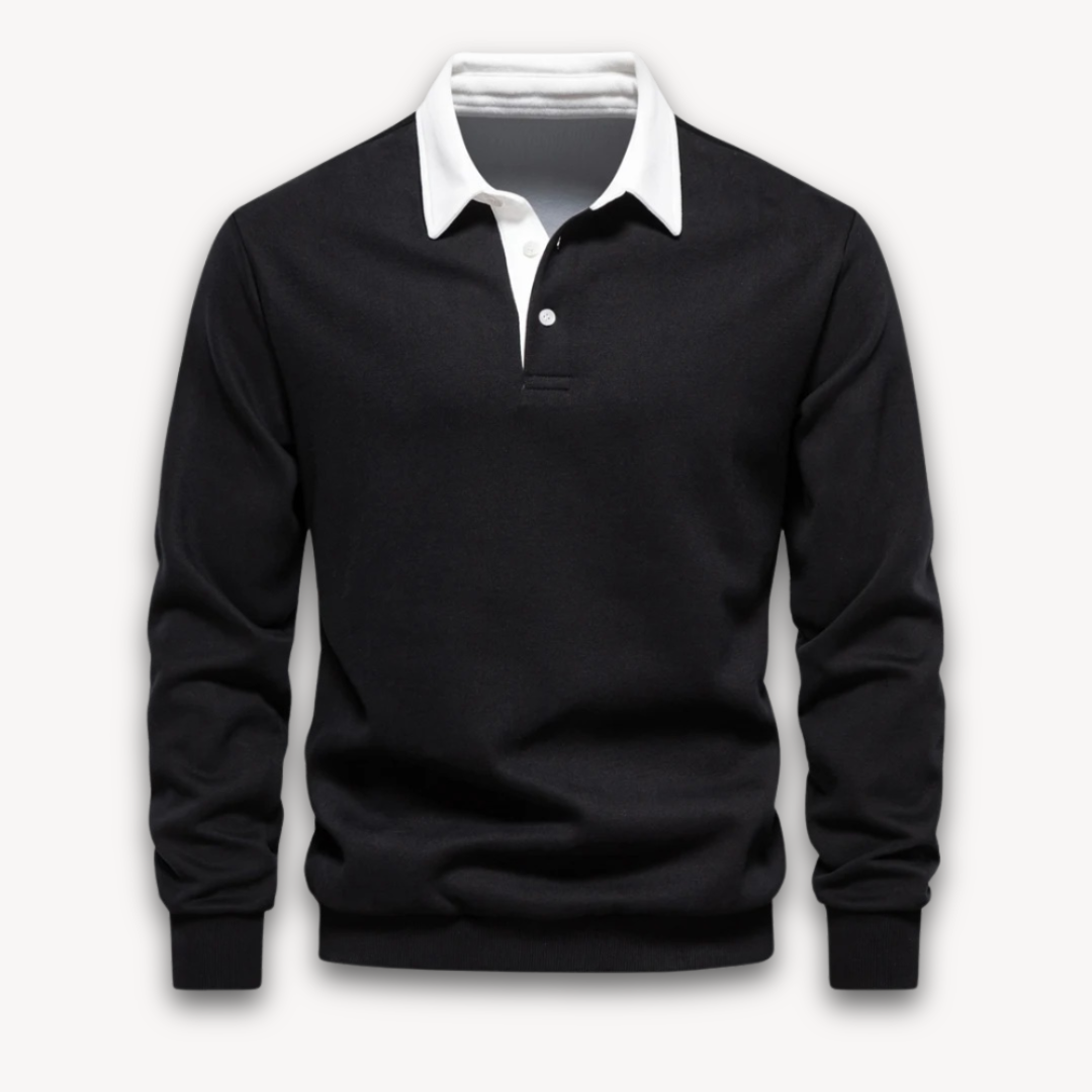 Men's navy long-sleeve polo sweater, classic knitwear for a smart casual look. Comfortable pullover top.