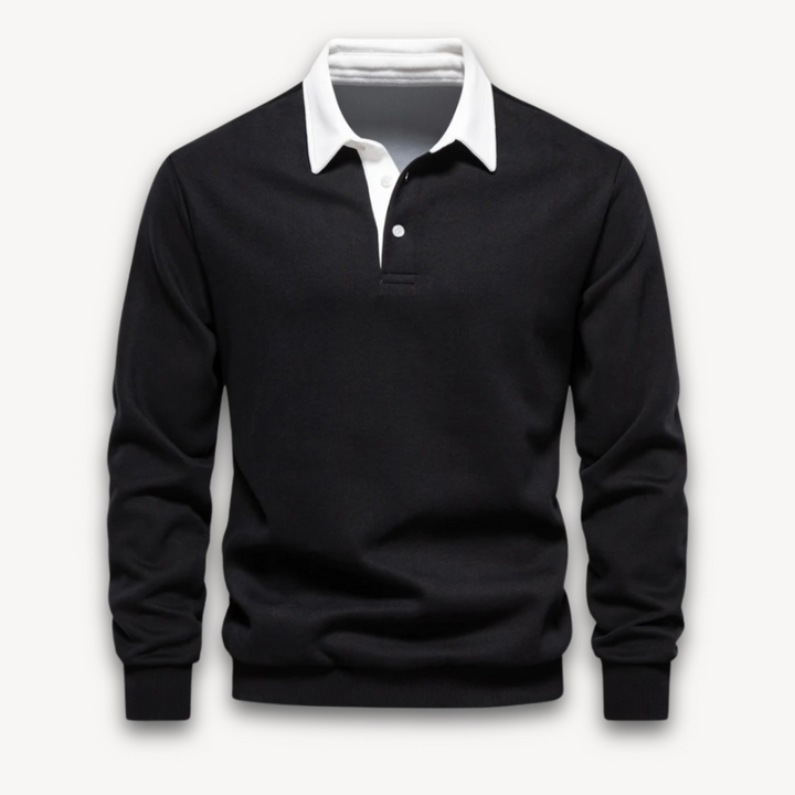 Men's navy long-sleeve polo sweater, classic knitwear for a smart casual look. Comfortable pullover top.