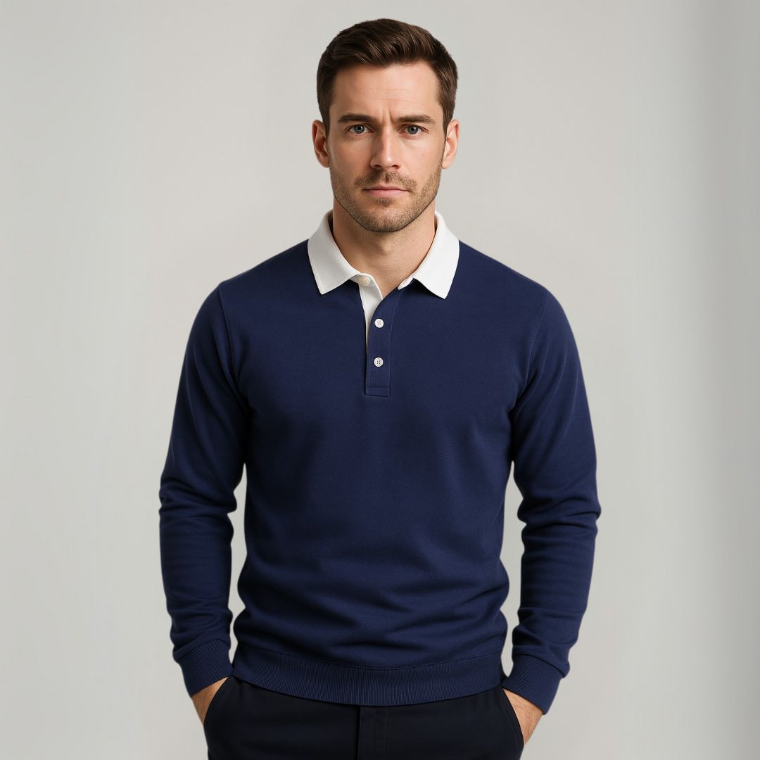 Stylish men's navy knit polo sweater, long-sleeve, versatile for all-season wear. Soft & comfortable.