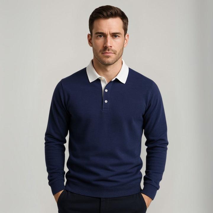 Stylish men's navy knit polo sweater, long-sleeve, versatile for all-season wear. Soft & comfortable.