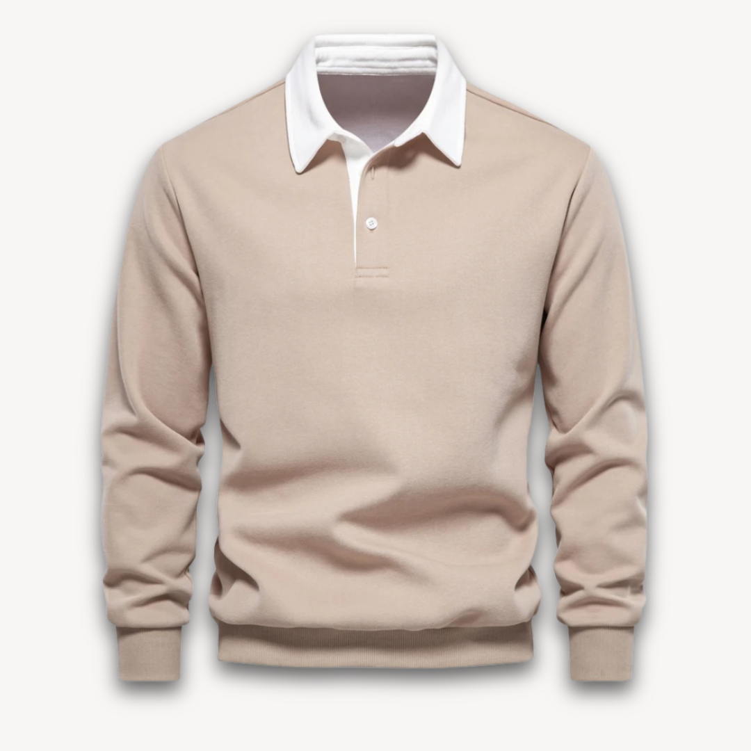 Comfortable men's navy long-sleeve polo sweater, a stylish pullover top perfect for casual elegance.