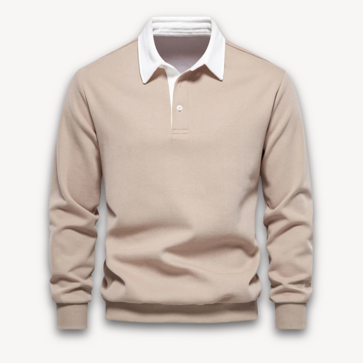 Comfortable men's navy long-sleeve polo sweater, a stylish pullover top perfect for casual elegance.