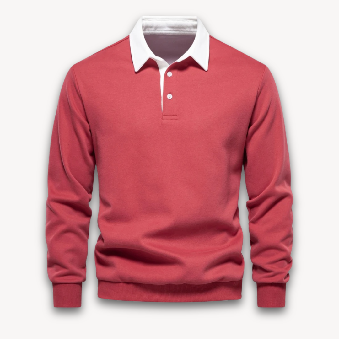 Classic navy men's long-sleeve polo sweater, ideal for smart casual fashion. Versatile knitwear top.