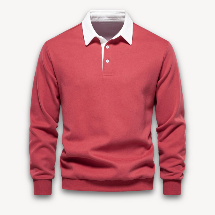 Classic navy men's long-sleeve polo sweater, ideal for smart casual fashion. Versatile knitwear top.
