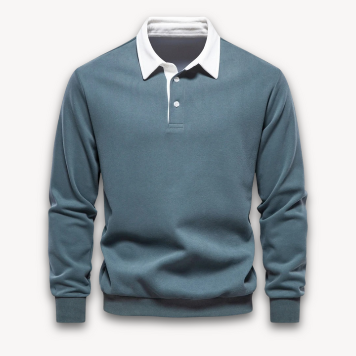 Navy long-sleeve men's polo sweater, a comfortable knit pullover. Perfect for versatile smart casual styling.