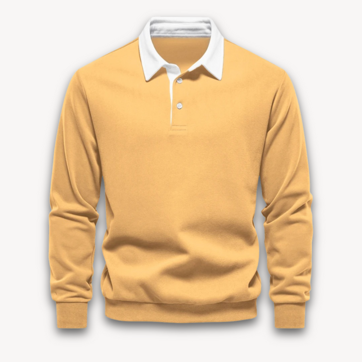 Men's navy long-sleeve polo sweater, a stylish and comfortable all-season knit top. Classic casual wear.