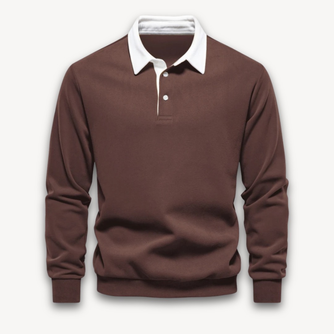 Fashionable men's navy polo sweater, long-sleeve, soft knitwear for a refined yet casual appearance.