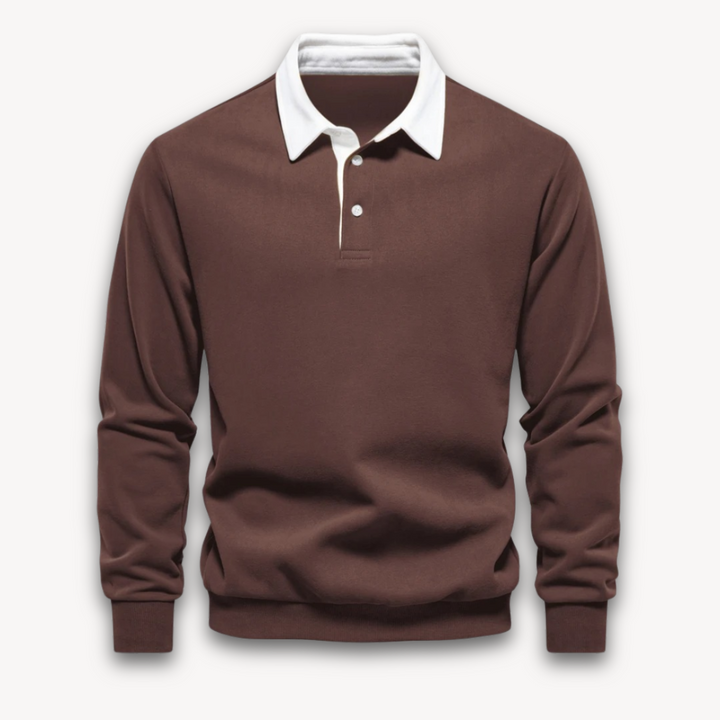 Fashionable men's navy polo sweater, long-sleeve, soft knitwear for a refined yet casual appearance.