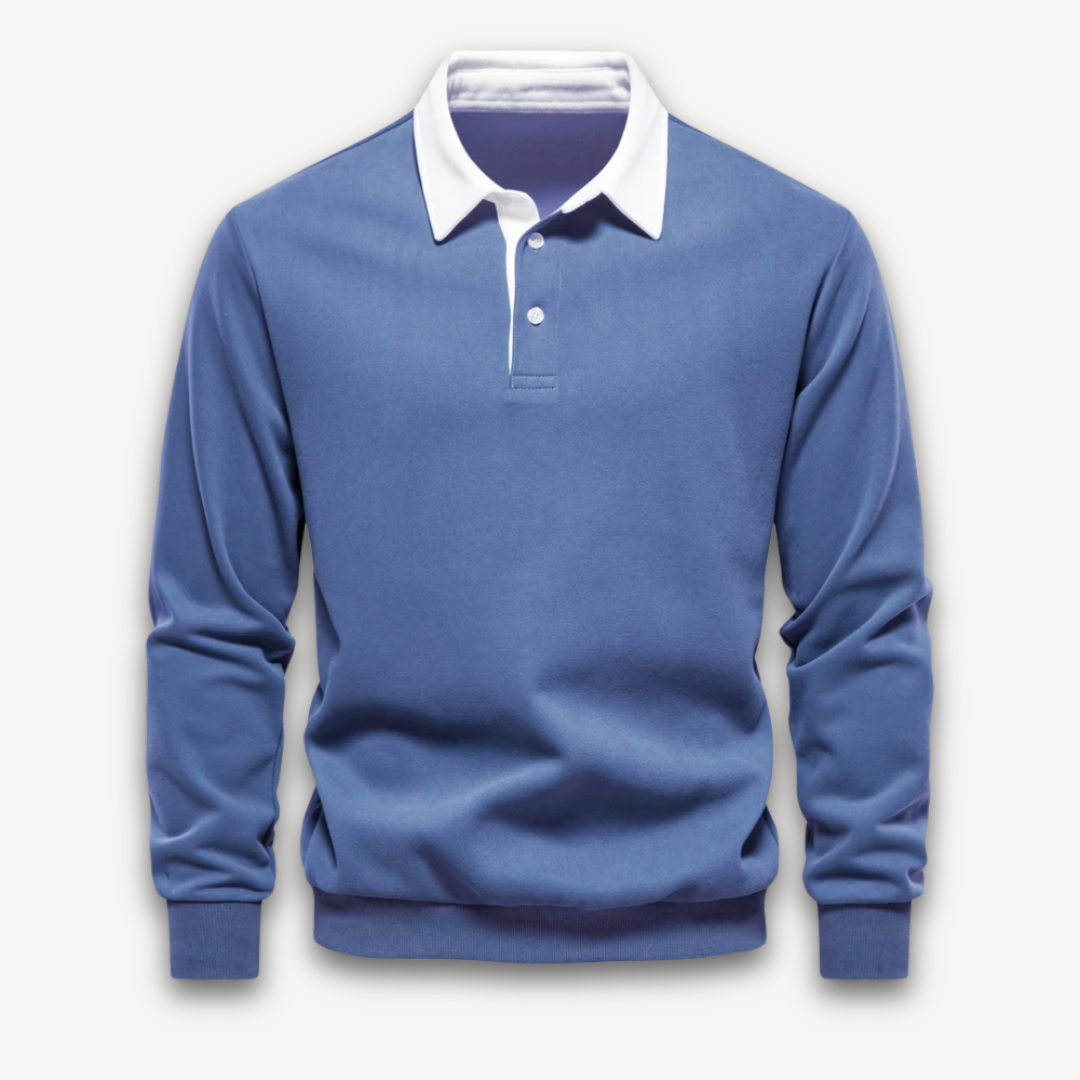 Cozy navy long-sleeve men's polo sweater, a comfortable and stylish pullover for everyday smart casual looks.
