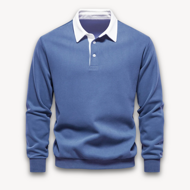 Cozy navy long-sleeve men's polo sweater, a comfortable and stylish pullover for everyday smart casual looks.