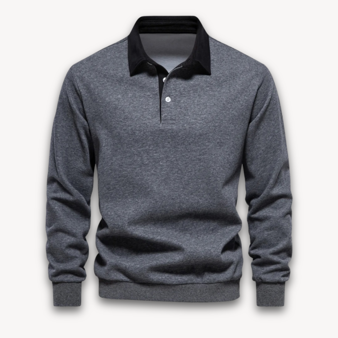 Essential men's navy long-sleeve polo sweater, classic knitwear offering versatile and stylish comfort.