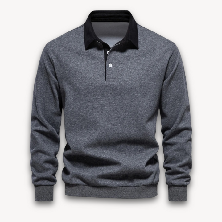 Essential men's navy long-sleeve polo sweater, classic knitwear offering versatile and stylish comfort.