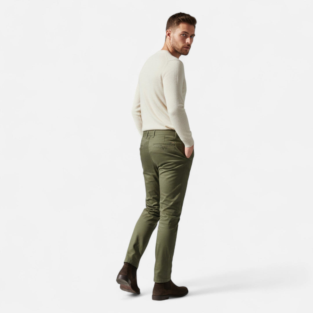 Man wearing comfortable fit men's chinos for smart casual everyday elegance.