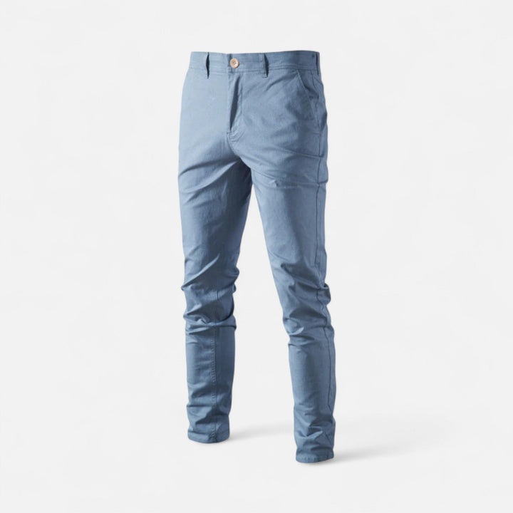 Front view of men's versatile trousers, smart casual chinos with a comfortable fit.