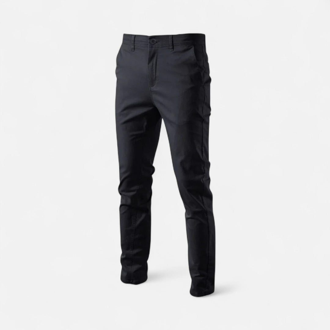Model showcasing men's comfortable fit chinos, smart casual pants for modern style.
