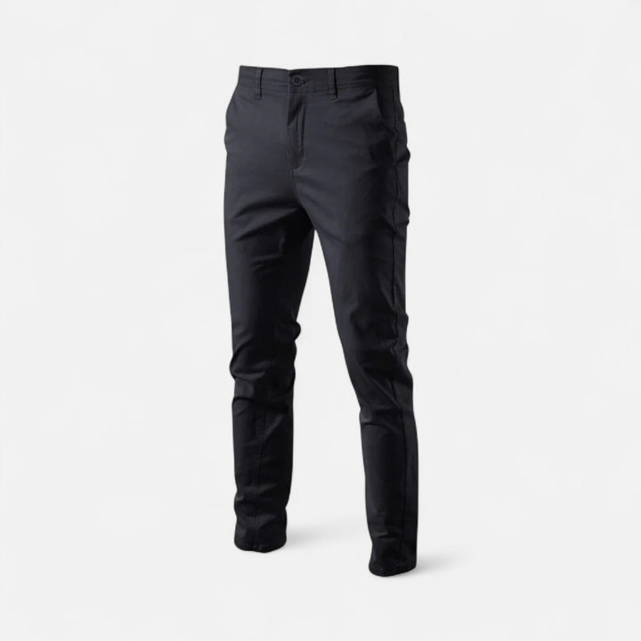 Model showcasing men's comfortable fit chinos, smart casual pants for modern style.