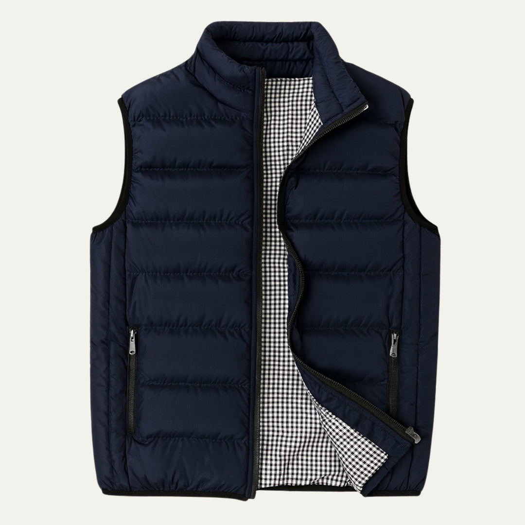 Men's navy stand collar puffer vest. Stylish, warm layering outerwear for casual fall & winter fashion. Sleeveless jacket.