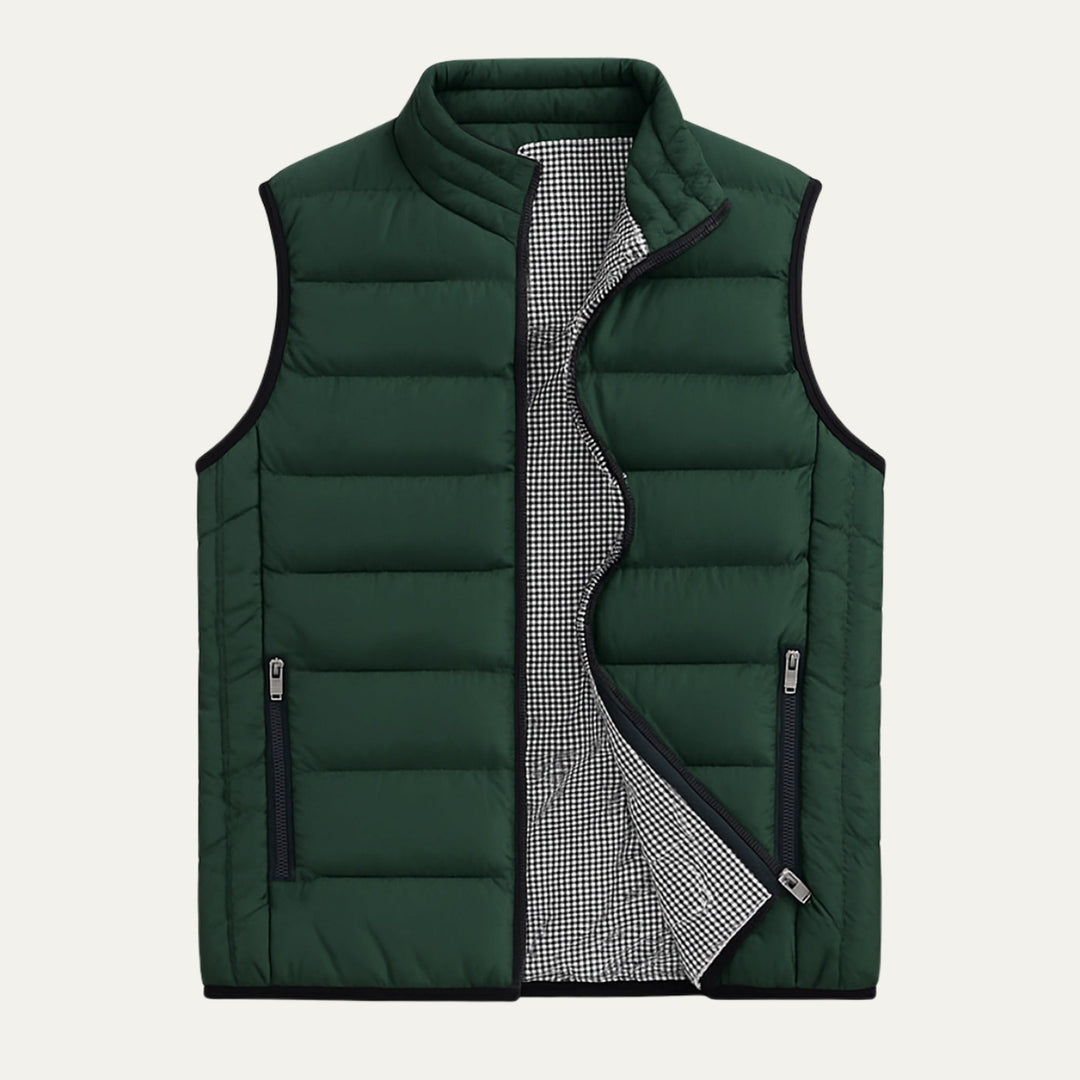 Forest green men's stand collar puffer vest. Warm, stylish layering vest, perfect casual outerwear for fall & winter fashion.