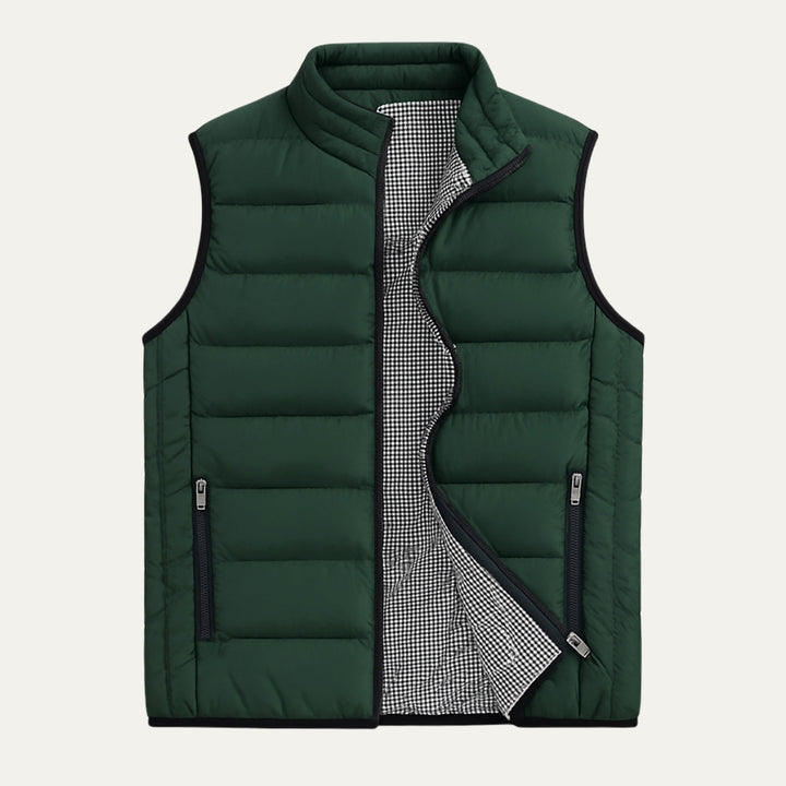 Forest green men's stand collar puffer vest. Warm, stylish layering vest, perfect casual outerwear for fall & winter fashion.