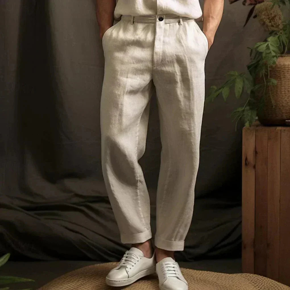 Men's neutral linen casual trousers, breathable & relaxed fit, perfect for summer days or holidays.