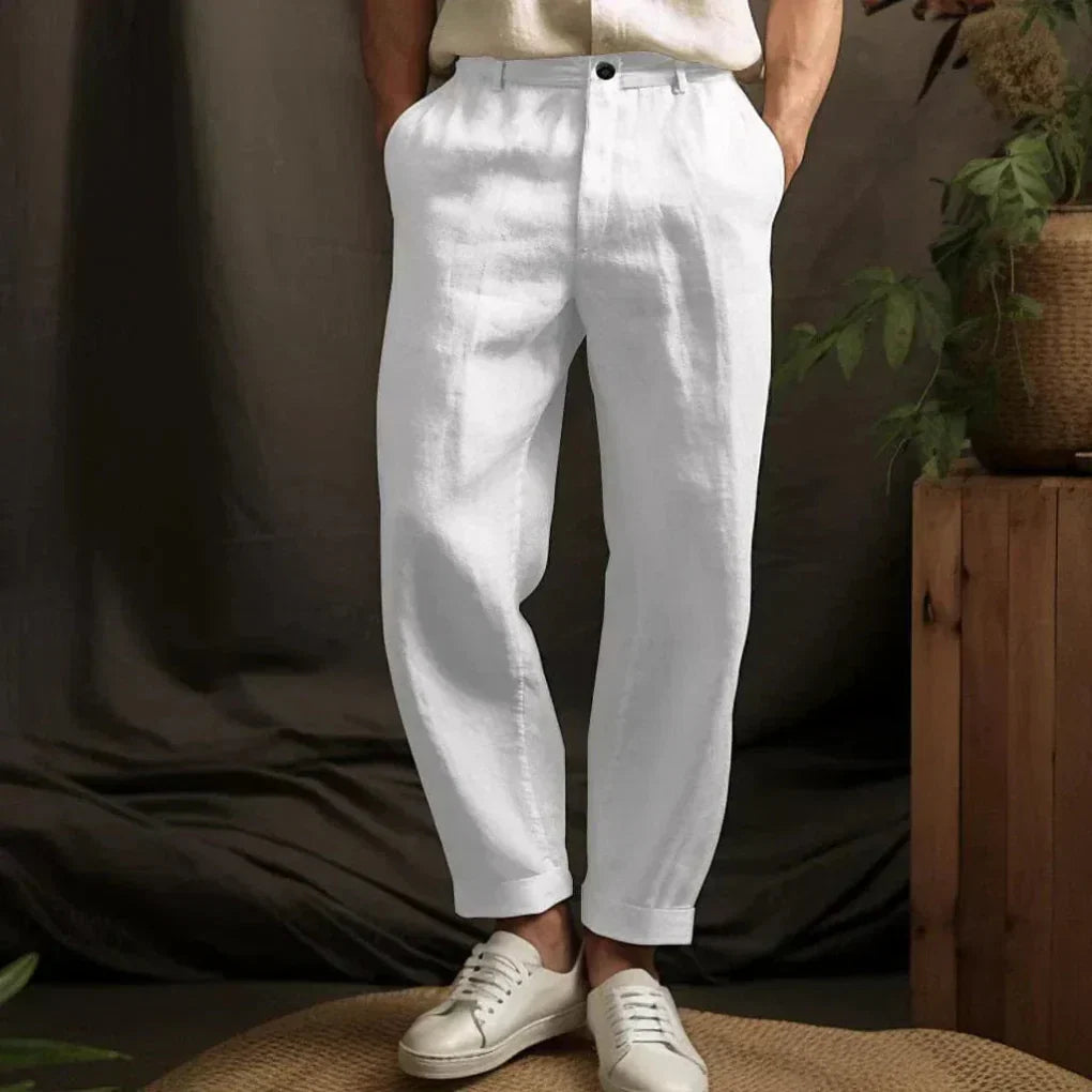 Straight leg men's linen casual pants for summer. Comfortable, breathable, and airy everyday style.