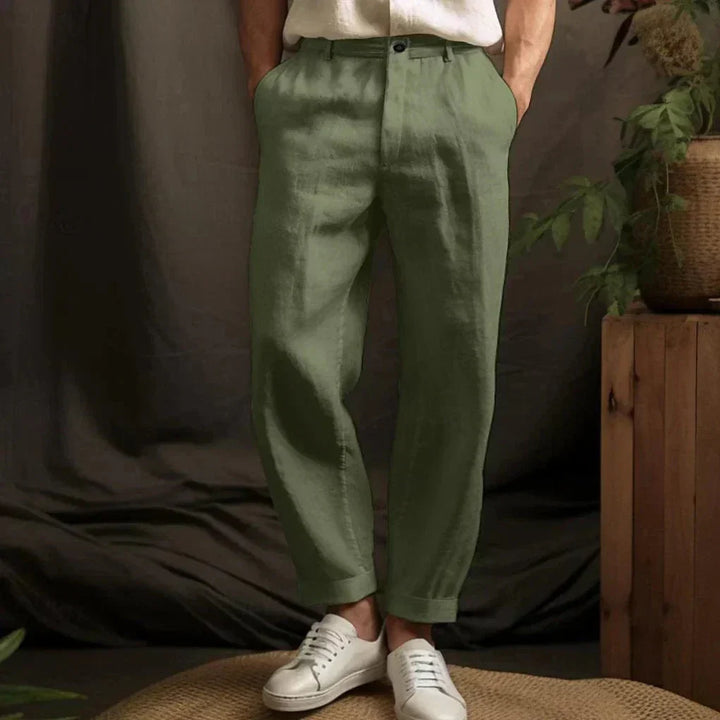 Breathable men's linen casual trousers with a straight leg. Comfortable for summer, everyday, or holiday wear.
