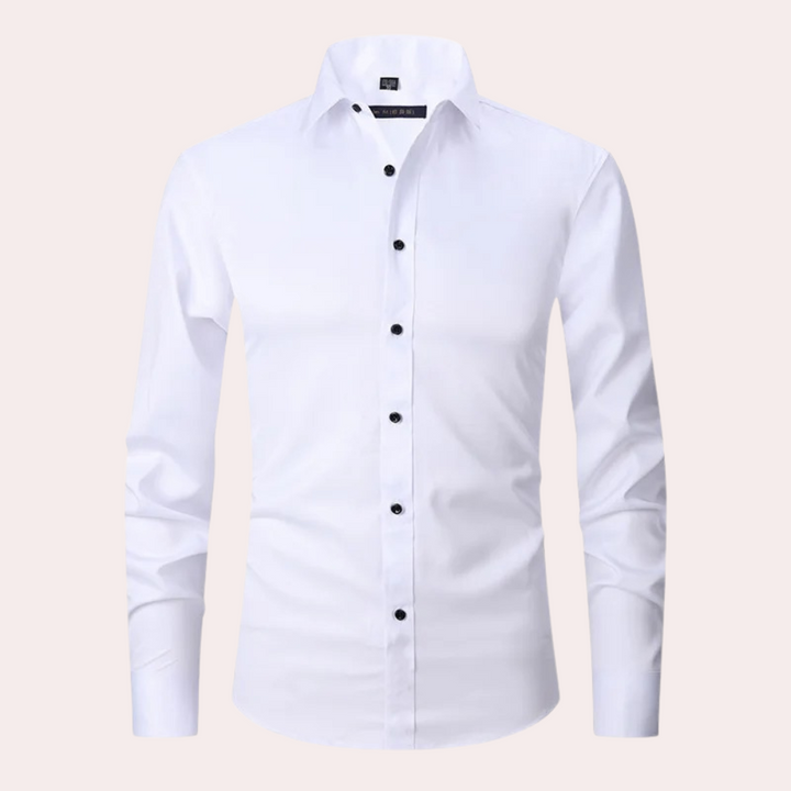 Men's non-iron stretch dress shirt in a crisp white. Wrinkle-free & easy care for effortless style.
