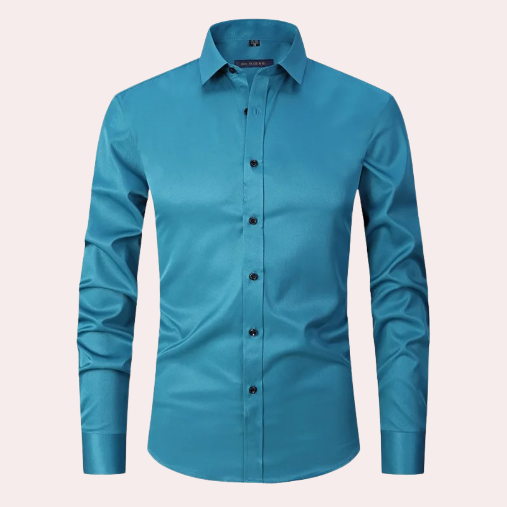 Stylish men's non-iron dress shirt. Slim fit, long sleeve design with stretch for ultimate versatility & care.
