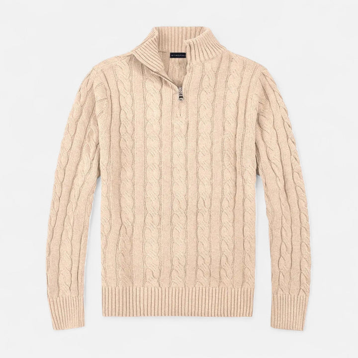 Men's Old Money half-zip sweater in classic cable knit, timeless menswear