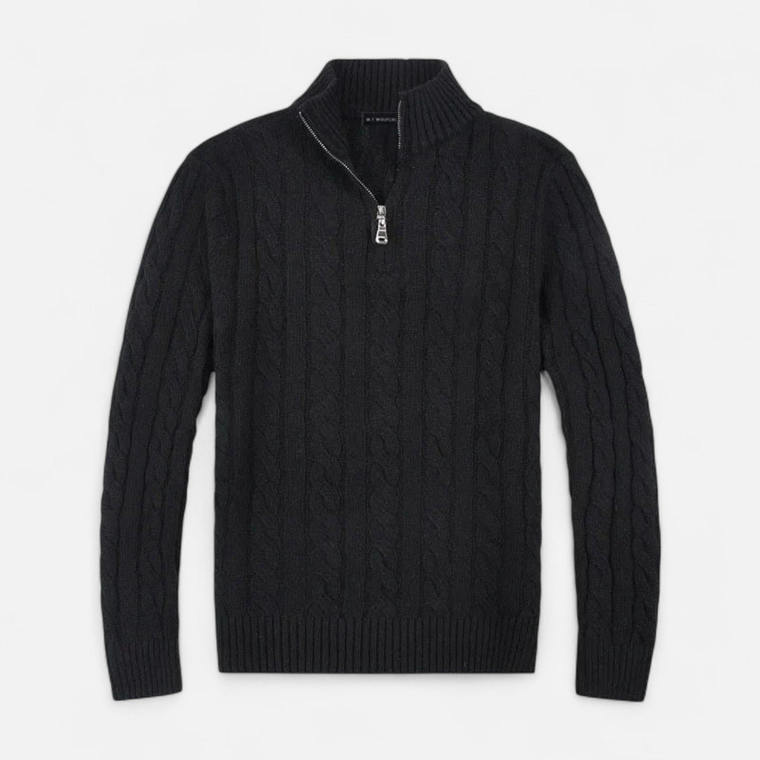Man wearing a timeless grey half-zip sweater, perfect layering piece