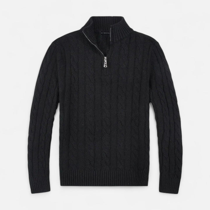 Man wearing a timeless grey half-zip sweater, perfect layering piece