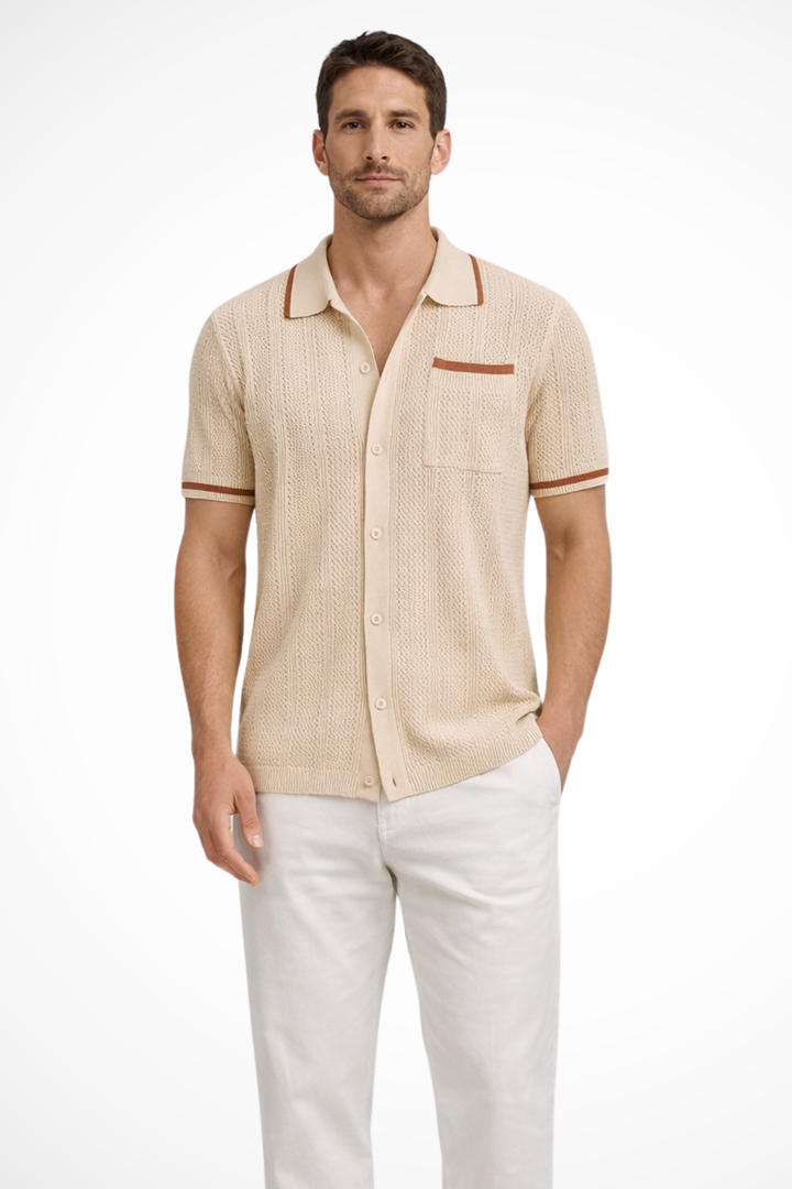 Men's openwork knit short sleeve camp collar shirt with button-front, perfect for casual summer resort wear.