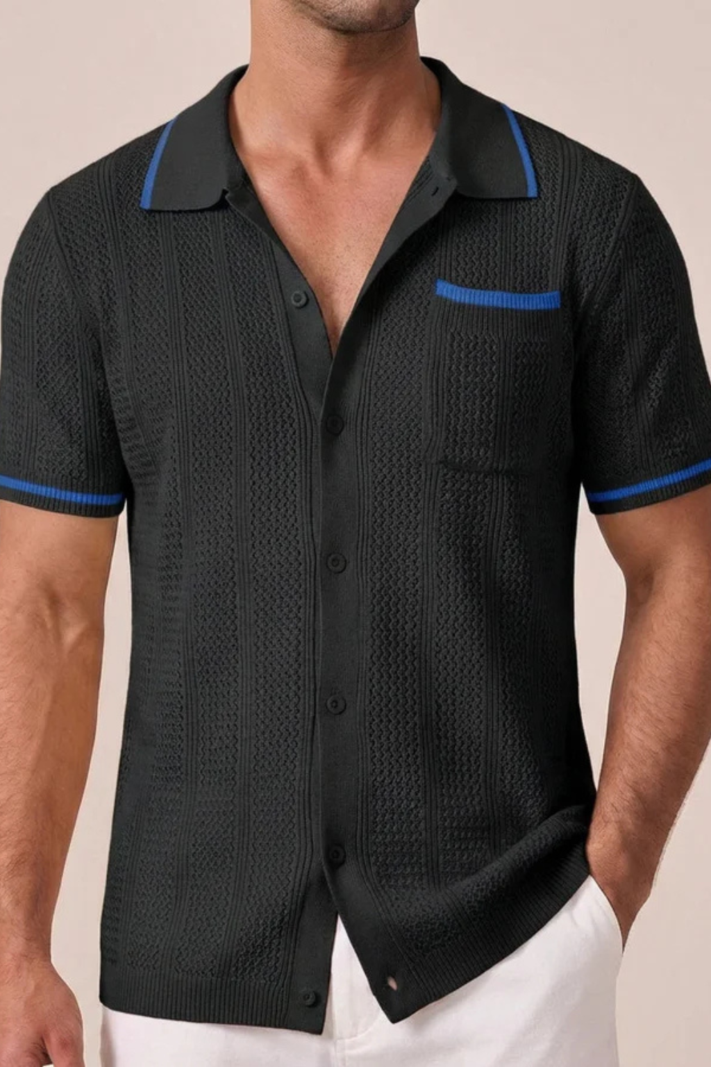 Lightweight men's openwork knit short sleeve camp collar shirt, button-front, casual yet refined summer look.